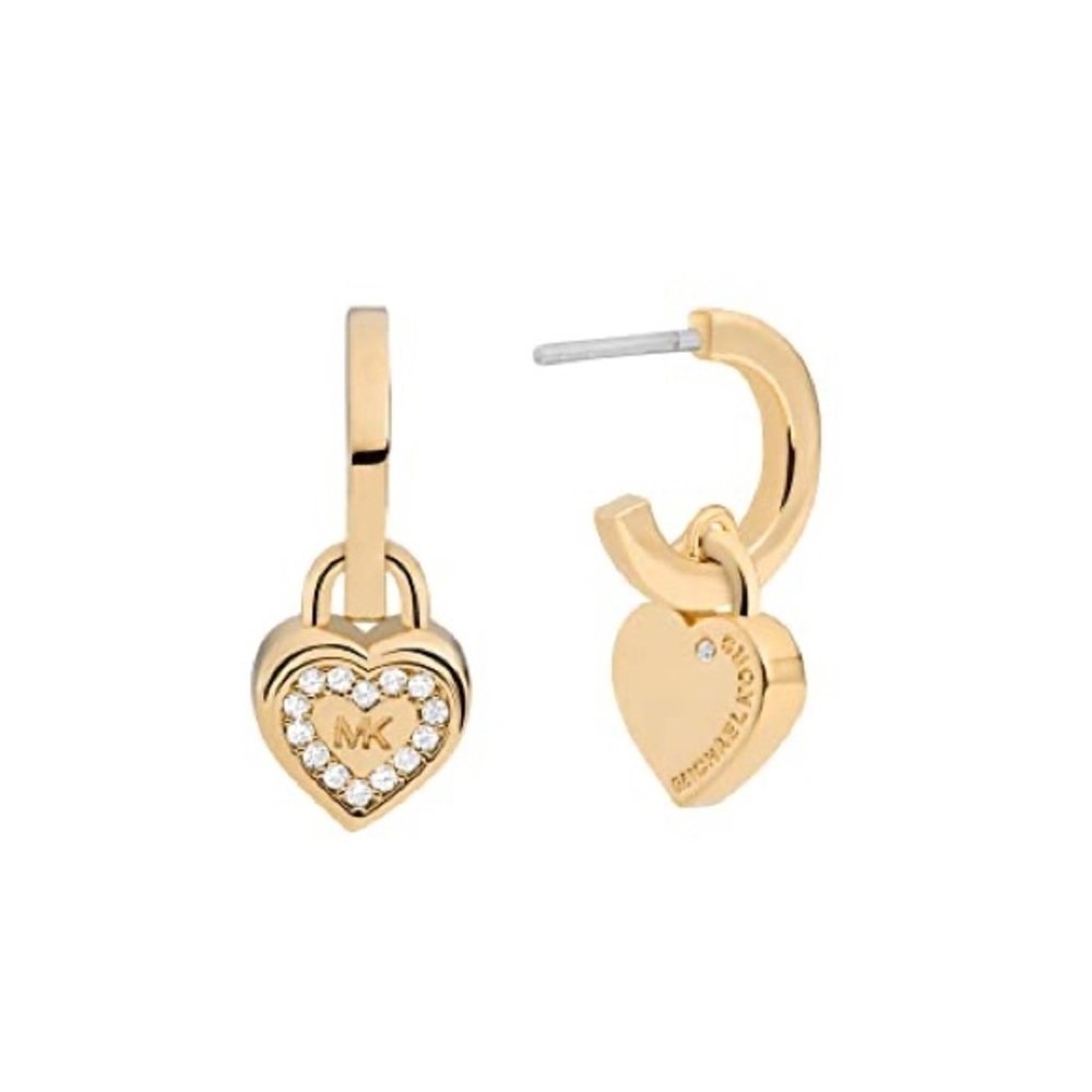 BRAND NEW, IN BOX. MICHAEL KORS Gold Tone Crystal Heart Shape Drop Hoop Earrings